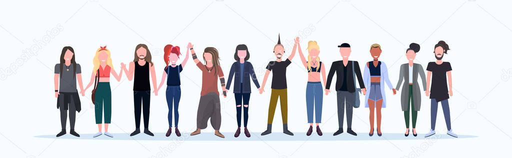 happy casual men women standing together smiling people with different hairstyles wearing trendy clothes male female cartoon characters full length flat white background horizontal