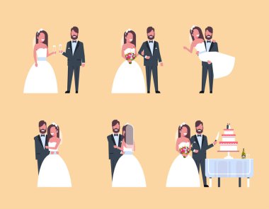 set sadece evli erkek kadın birlikte ayakta farklı pozlar koleksiyon romantik çift gelin ve damat aşk düğün günü kavramı tam uzunlukta yatay düz