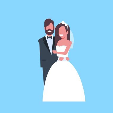yeni evliler sadece evli erkek kadın birlikte romantik çift gelin ve damat aşk düğün günü kavramı mavi arka plan tam uzunlukta düz ayakta kucaklayan