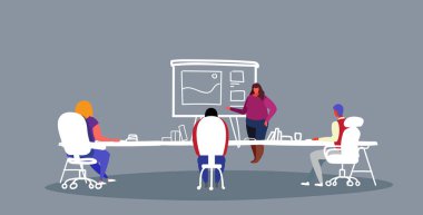 iş kadını eğitim konferansı sırasında grafik iş adamları ile flip grafik işaret erkek kadın ofis çalışanları takım çalışması brifing kavramı kroki yatay afiş