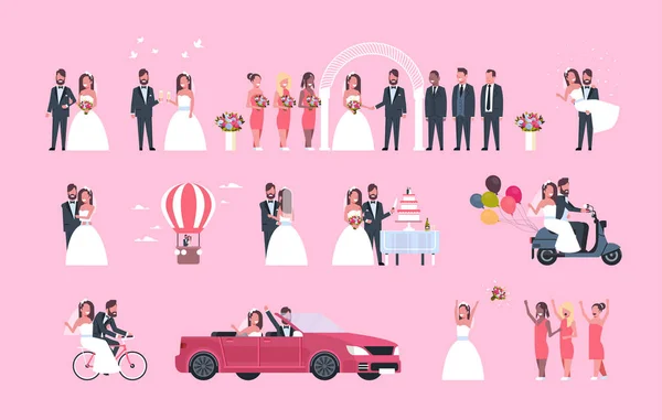 设置刚刚结婚的男人女人站在一起不同的概念集合浪漫夫妇新娘和新郎在爱情婚礼日庆祝全长水平平 — 图库矢量图片