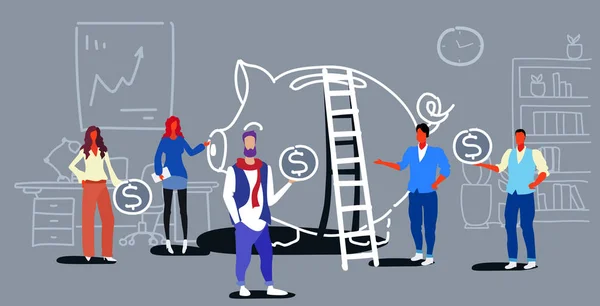 Business people group holding dollar coins money investment concept business people standing near piggy bank crowdfunding growth wealth sketch doodle horizontal — Vetor de Stock