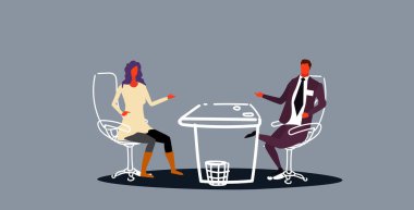 işadamı sorular soran ve aday kadın cevapları dinleme iş görüşmesi kavramı modern ofis iç yatay kroki uygulamak