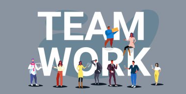 büyük kelime takım çalışması kavramı erkek kadın yaratıcı takım projesi tartışma skeç yatay ile birlikte çalışan işadamları ekibi