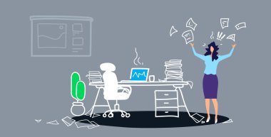 memnun olmayan kadın patron evrak ları atma kağıtları yorgun iş kavramı kızgın iş kadını işveren duygu işyeri ofis iç kroki doodle yatay yakınında ayakta vurguladı
