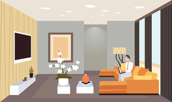 ラップトップコンテンポラリーリビングルームインテリアホームモダンなアパートデザインフラット水平を使用してソファに座っているビジネスマン — ストックベクタ