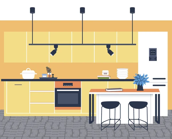 Cozinha contemporânea interior vazio sem pessoas casa quarto moderno apartamento design plano —  Vetores de Stock