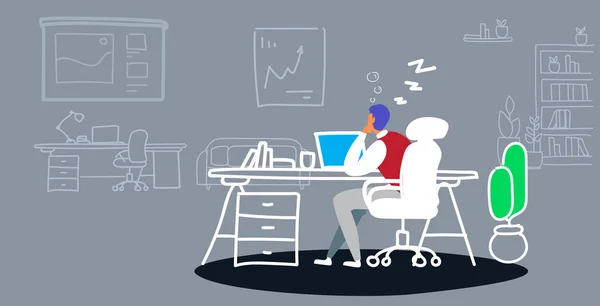 Empresário sobrecarregado dormindo no local de trabalho homem de negócios cansado sentado no escritório e descansando durante o dia de trabalho conceito chato esboço doodle ilustração vetorial horizontal — Vetor de Stock