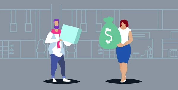 Mujer sosteniendo bolsa de dinero pagando dólares al hombre con caja de regalo comprando y vendiendo intercambio concepto setch doodle horizontal — Vector de stock