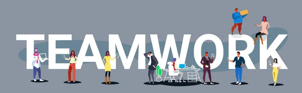 Büyük kelime takım çalışması kavramı erkek kadın yaratıcı takım projesi tartışma skeç doodle yatay afiş ile birlikte çalışan işadamları ekibi — Stok Vektör