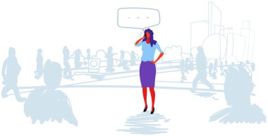 iş kadını konuşan telefon sohbet kabarcık iletişim iş kadını kalabalık konuşma konuşma insanlar siluet cityscape arka plan kroki doodle yatay dışarı ayakta