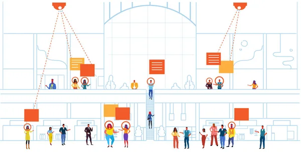 Loja de varejo visitantes identificação facial reconhecimento conceito moderno shopping shopping interior segurança câmera vigilância cctv sistema horizontal esboço doodle comprimento total — Vetor de Stock