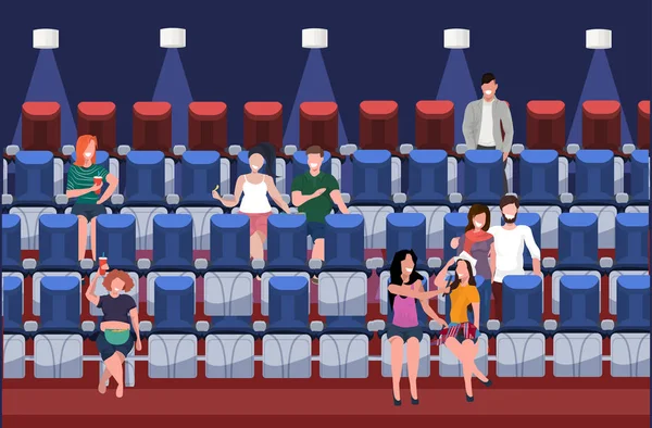 Mensen kijken naar film casual karakters eten Fast Food met soda zittend op zetels moderne cinema interieur plat horizontaal — Stockvector