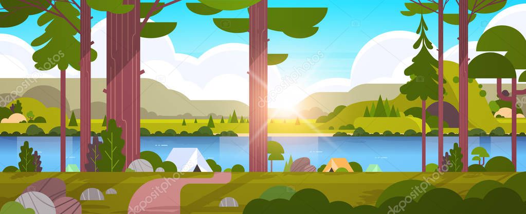 tents camping area in forest summer camp concept sunny day sunrise landscape nature background with water mountains and hills flat horizontal