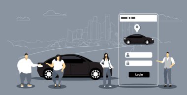 mobil uygulama erkek kadın sipariş kullanan insanlar araba araç kiralama araç paylaşımı konsept ulaşım araç paylaşım hizmeti akıllı telefon ekranı uygulama arayüzü cityscape arka plan yatay