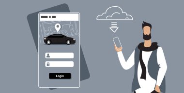 adam online mobil uygulama kiralık araba paylaşımı konsept ulaşım araba paylaşım hizmeti adam akıllı telefon uygulama sistemi güncelleme yatay kroki portre tutan indirme