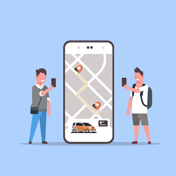 Használó emberek online rendelés taxi autó megosztása mobil alkalmazás koncepció szállítás carsharing szolgáltatás app két férfi közelében smartphone képernyő GPS Térkép — Stock Vector