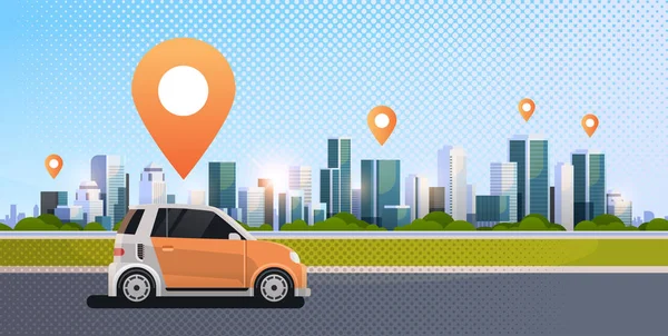 Auto's met locatie pin on Road online bestellen taxi autodelen concept mobiel vervoer carsharing service moderne stad straat Cityscape achtergrond plat horizontaal — Stockvector