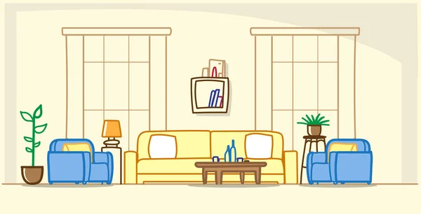 Salon moderne intérieur vide pas de personnes maison meubles appartement contemporain chambre croquis croquis horizontal vecteur illustration — Image vectorielle