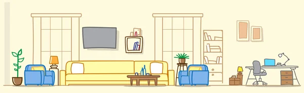 Современная гостиная с зоной на рабочем месте пустая мебель дом без людей современная квартира эскиз рисунок каракули горизонтальный — стоковый вектор
