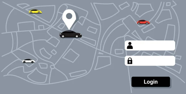 Autók helyét PIN a város térképe online rendelés taxi autó megosztási koncepció mobil alkalmazás szállítás carsharing szolgáltatás app vázlat Doodle vízszintes — Stock Vector