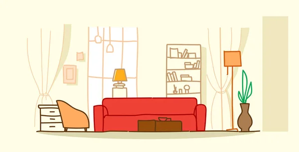 Modern oturma odası iç boş hiçbir kişi ev mobilyaçağdaş daire odası kroki yatay doodle — Stok Vektör