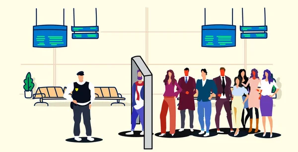 Poliziotto controllo passeggeri e bagagli a metal detector x-ray gate full body scanner aeroporto controllo di sicurezza concetto dipartimento terminale interno schizzo doodle orizzontale — Vettoriale Stock