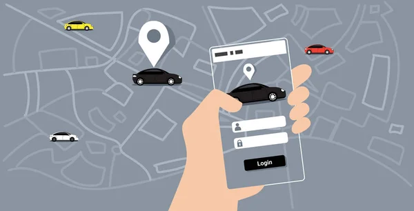 Emberi kéz segítségével a mobil app online rendelés taxi autó megosztás koncepció smartphone képernyő város Térkép szállítás carsharing szolgáltatás alkalmazás vázlat Doodle vízszintes — Stock Vector