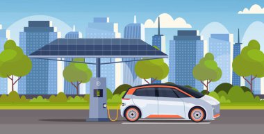 istasyonda elektrikli enerji araba şarj çevre dostu araç carsharing kavramı modern cityscape arka plan düz yatay