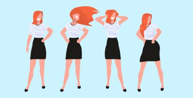 redhead kadın farklı pozlar rahat kadın çizgi film karakterleri gülümseyen kızlar poz toplama düz tam uzunlukta yatay vektör illüstrasyon