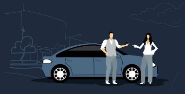 kadın araba paylaşımı ulaşım hizmeti kavramı modern şehir sokak cityscape arka plan yatay anahtarları veren adam