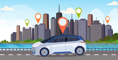 yol online sipariş taksi araba paylaşımı kavramı mobil ulaşım araba paylaşım hizmeti modern şehir sokak cityscape arka plan düz yatay yer pin ile otomobil