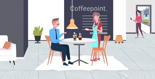 Waitress taking order from businessman visitor cafe worker in apron serving drinks to man having break business time concept modern coffee point interior flat full length horizontal — Stock Vector