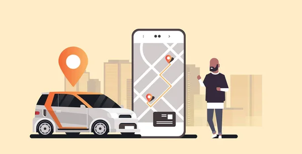 Afrikai ember használ mobil app rendelés személygépkocsi jármű hely védjegy bérleti autó megosztás koncepció szállítás carsharing szolgáltatás modern városkép háttér vízszintes — Stock Vector