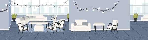 Kreatives Büro leer keine Menschen offenen Raum mit Möbeln und Weihnachtsdekoration Lichter Co-Working Center Innenraum flache horizontale Banner — Stockvektor