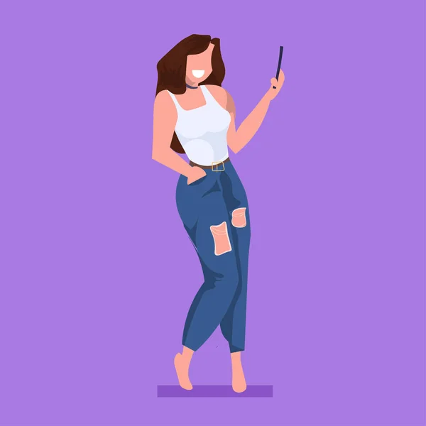 Casual woman taking selfie photo on smartphone camera young female cartoon character posing flat full length — Stock Vector