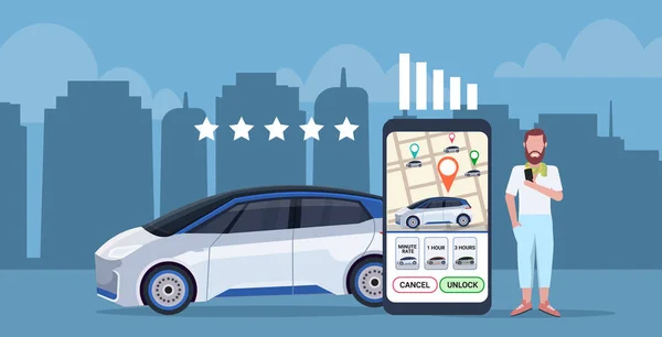 Ember használ mozgatható alkalmazás kilépő visszacsatolás taxi autó cserépdarab értékelés fogalom smartphone képernyő-val város Térkép szállítás carsharing szolgáltatás app teli hosszúság — Stock Vector