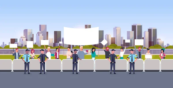 Mix race police officers group controlling people crowd with poster and megaphone at protest demonstration strike concept city street cityscape background flat horizontal full length — Vector de stock
