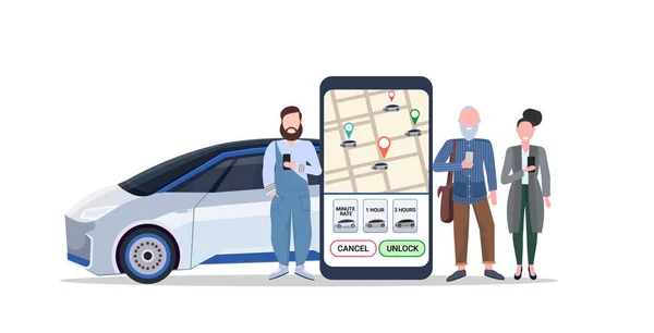 Personnes utilisant l'écran de smartphone application mobile avec carte GPS commander taxi car sharing concept transport autopartage service application horizontale pleine longueur — Image vectorielle