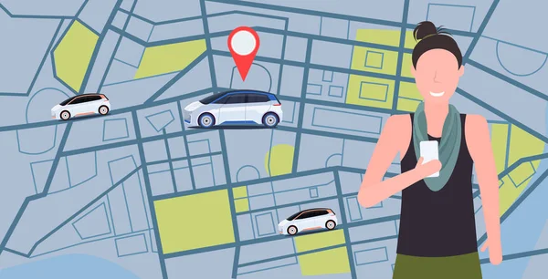 Vrouw met behulp van mobiele app bestellen auto voertuig met locatie merk huren auto delen concept transport carsharing service stadsplattegrond achtergrond horizontaal portret — Stockvector