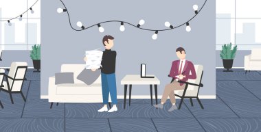 kağıt belgeler taşıyan adam ofis çalışanı yığın işadamı dizüstü bilgisayar yapma işlemleri yapma çalışma süreci kavramı yaratıcı co-çalışma merkezi iç düz yatay kullanarak işyeri oturan