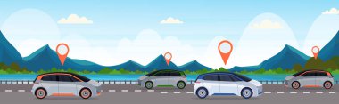yol online sipariş taksi araba paylaşımı kavramı mobil ulaşım araba paylaşım hizmeti dağlar nehir manzara arka plan düz yatay afiş üzerinde yer pin ile otomobil