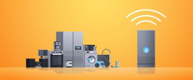 akıllı ev asistanı istihbarat hoparlör farklı ev aletleri cihazlar ağ kavramı düz kontrol