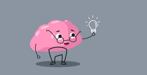 Χαριτωμένο ανθρώπινο εγκέφαλο όργανο ροζ καρτούν χαρακτήρας κρατώντας φως λάμπα δημιουργική ιδέα έννοια χαριτωμένο στυλ οριζόντια — Διανυσματικό Αρχείο