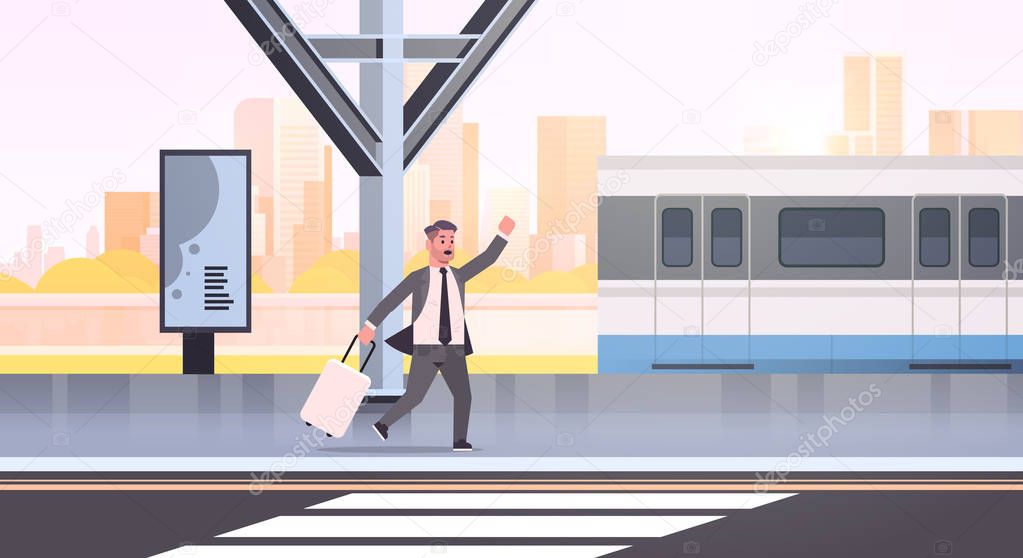 businessman running to catch train business man with luggage on railway station city public transport male cartoon character cityscape background full length horizontal