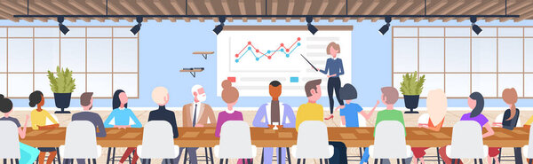 деловая женщина представляет финансовые графики для смешивания гоночных групп бизнесменов на круглом столе Концепция презентации современной коворкинг-офисной мебели горизонтальная
