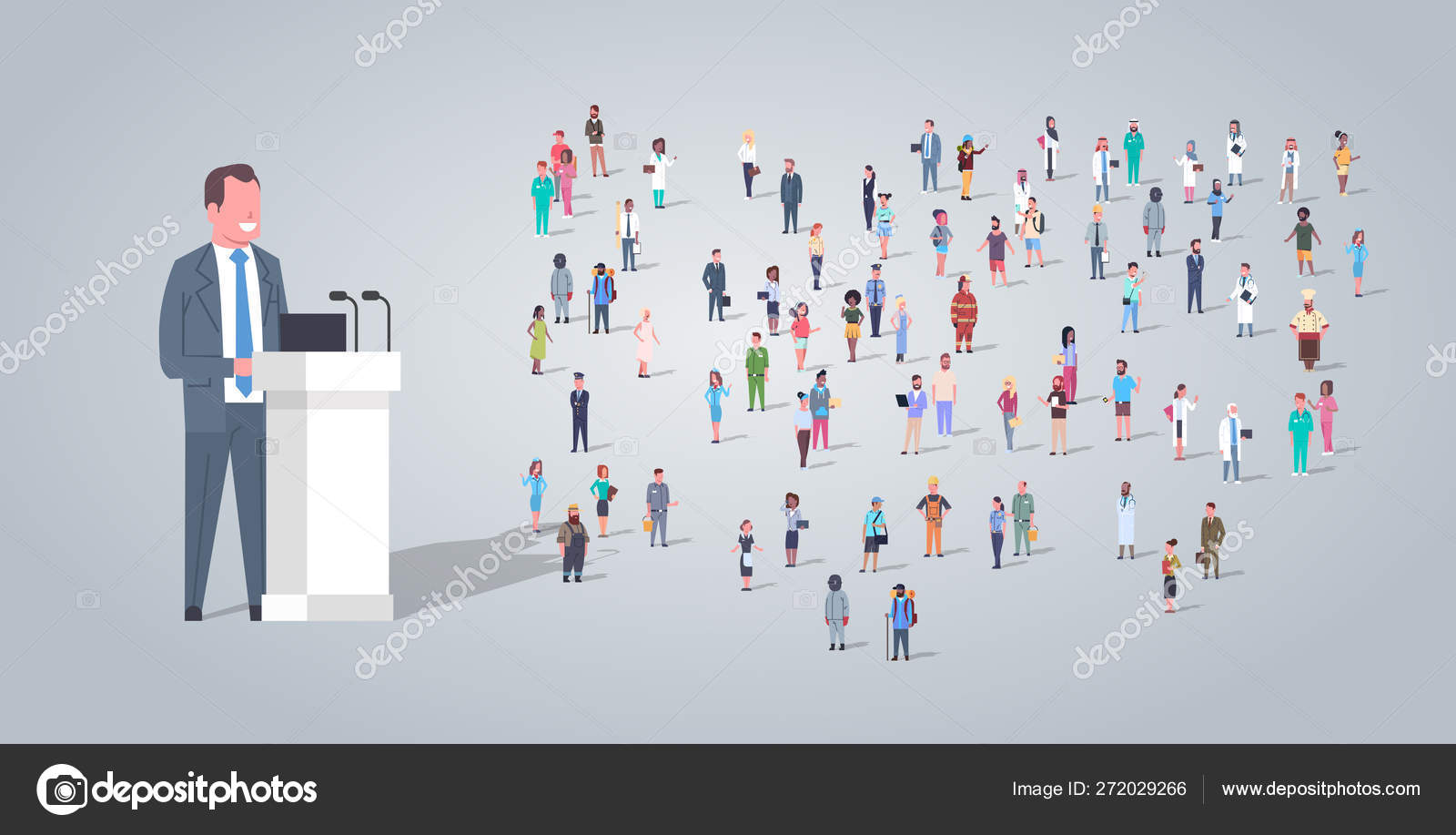 Businessman president leading tribune speech in front of people group