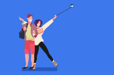 çift akıllı telefon kamera adam kadın birlikte kadın erkek çizgi film karakterleri düz tam uzunlukta yatay poz poz selfie fotoğraf çekmek