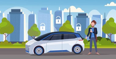 adam online sipariş taksi araba paylaşımı güvenlik koruma kavramı mobil ulaşım araba paylaşım hizmeti modern şehir şehir manzarası arka plan yatay