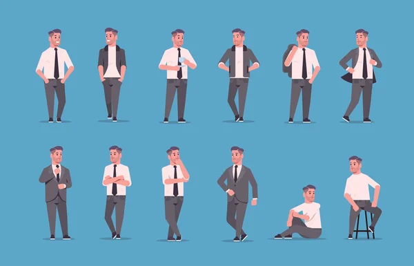 Conjunto hombres de negocios en ropa formal de pie diferentes poses sonrientes personajes de dibujos animados masculinos hombres de negocios trabajadores de oficina posando colección plana longitud completa horizontal — Vector de stock